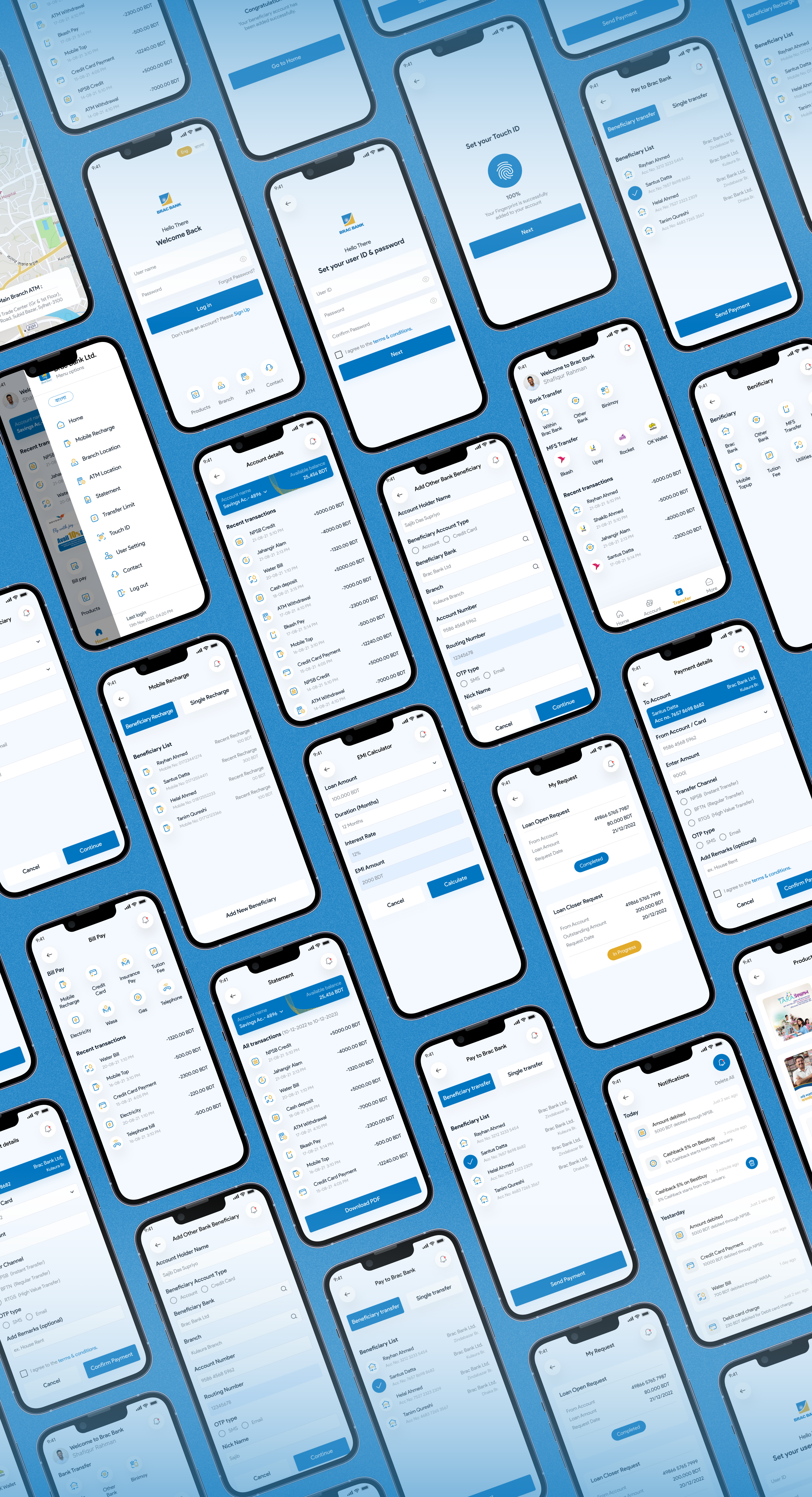 Composite grid of over 100 additional app screens covering onboarding, transfers, bill pay, loans, and notifications