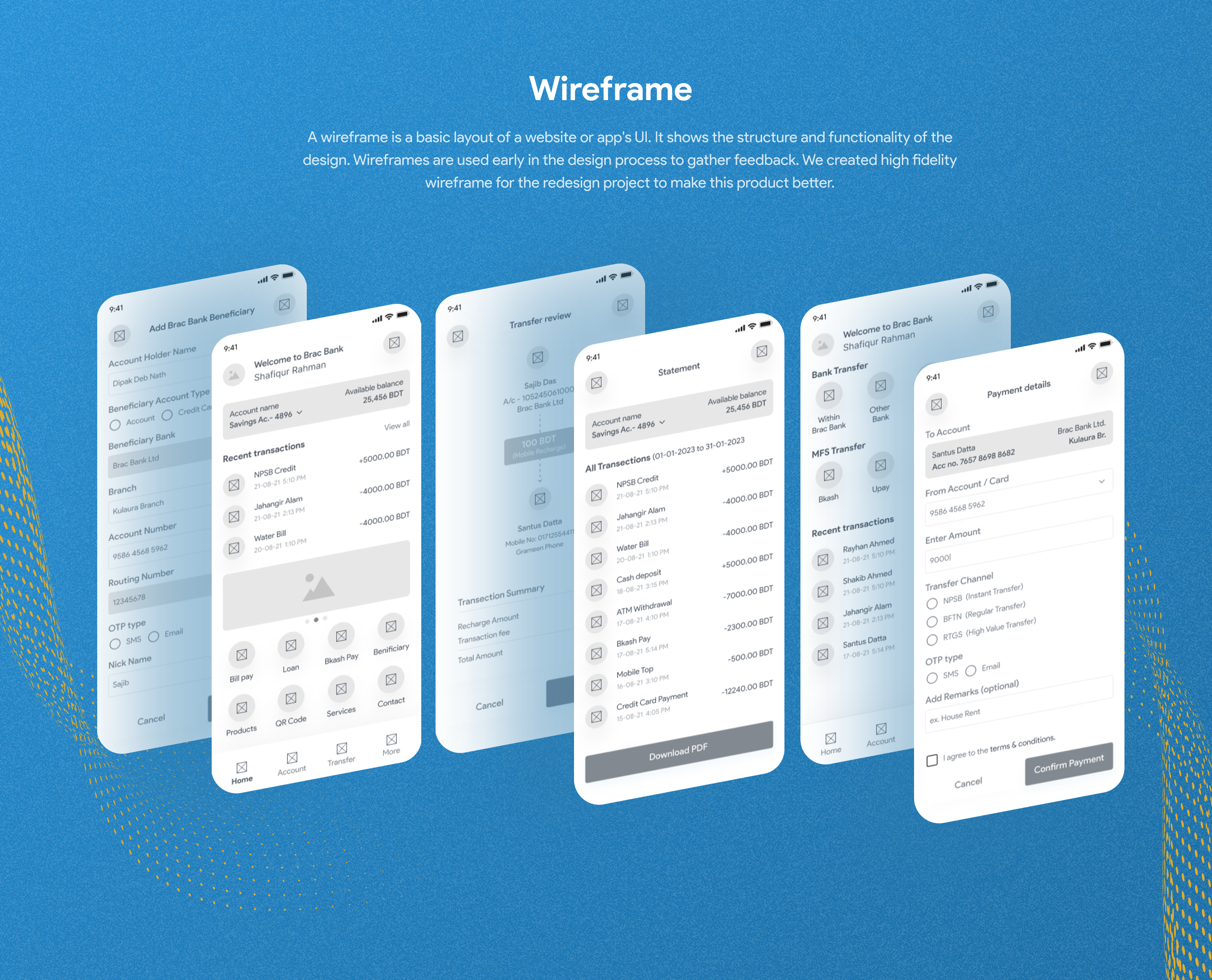 Redesigned screens: add beneficiary, home, statement, and payment details